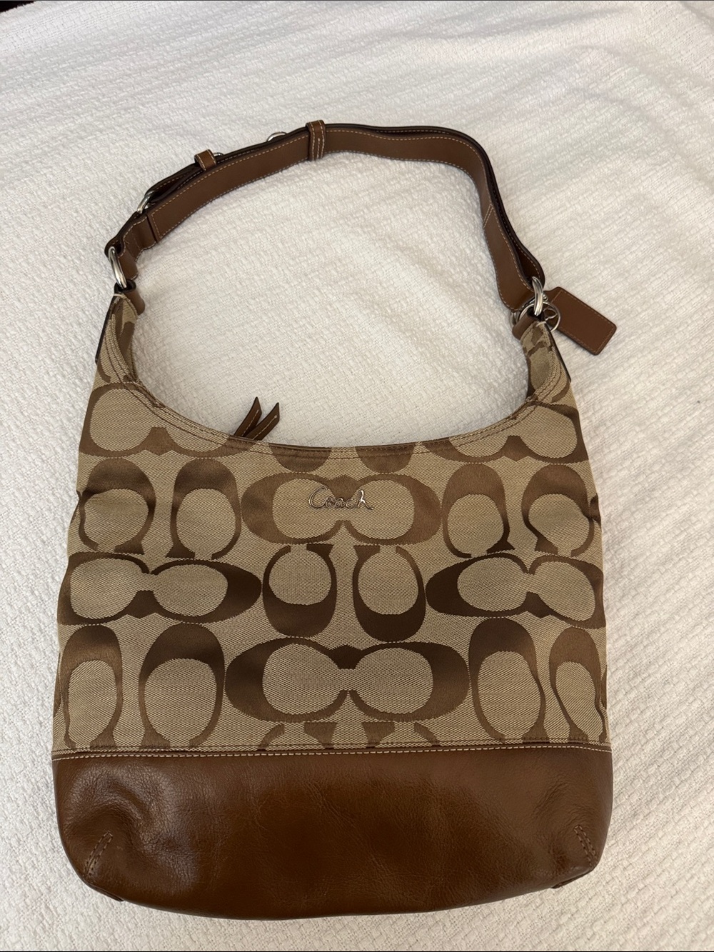 Coach Signature Canvas Shoulder Bag in Brown and Tan Leather Trim